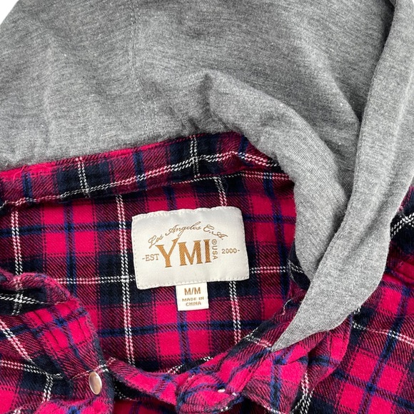YMI Button Up Plaid Hooded Shirt Size Medium - Picture 5 of 14